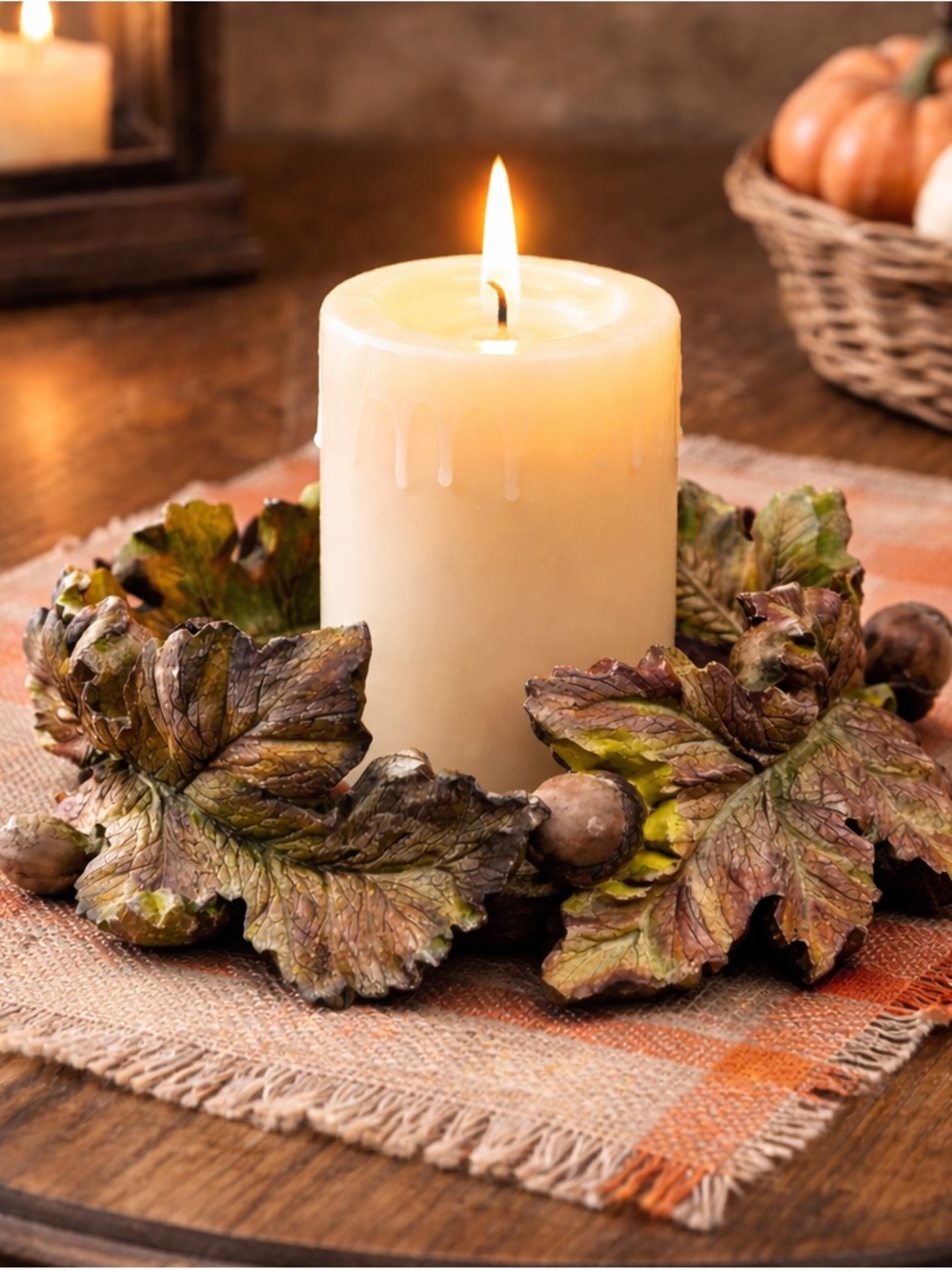 Rustic Leaf Design Decorative Resin Pillar Candleholder